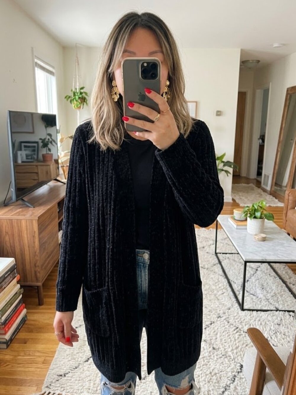 Black Velvety Plush Chenille Knit Longline Duster Sweater Cardigan Size S